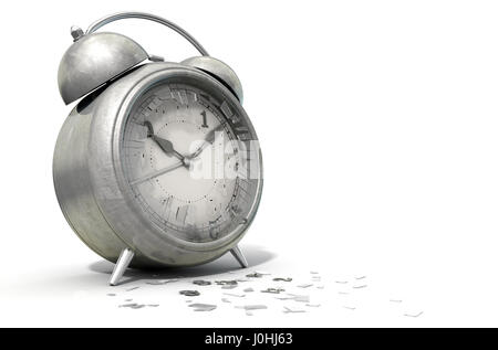 An old worn  metal vintage desk clock with a smashed screen and numbers broken off on an isolated white studio background - 3D Render Stock Photo