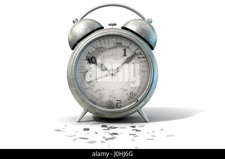 An old worn  metal vintage desk clock with a smashed screen and numbers broken off on an isolated white studio background - 3D Render Stock Photo