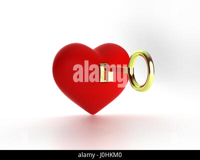 3D Heart and gold key isolated on white, illustration, Rendering Stock Photo