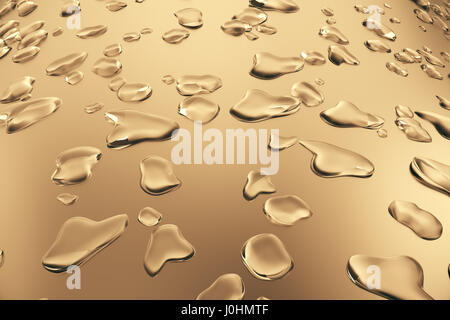 Realistic drops of water on a gold surface. 3d rendering Stock Photo