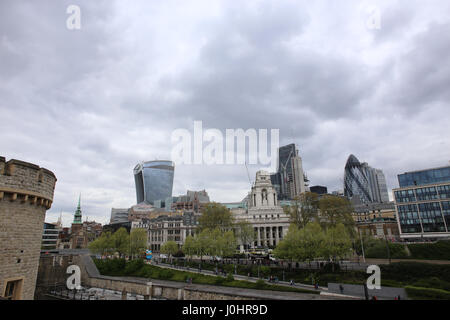 City of London skyline, including the Walkie Talkie building (20 Fenchurch Street) and the Gherkin (St Mary Axe), as seen from the Tower of London. Stock Photo