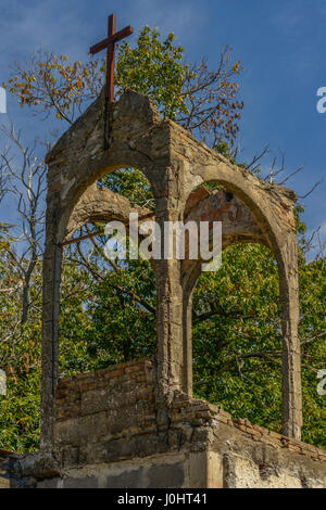 Ruined church spire due to volcanic activity on the slopes of Mt Etna, Sicily. Stock Photo