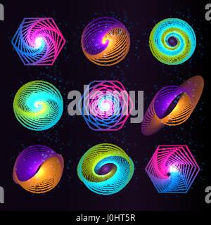 Isolated abstract colorful round shape logos set, space elements, swirl logotypes collection, planets icons on black background vector illustration Stock Vector