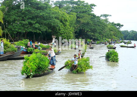 Nursery farmers selling plants at the Mahmudkati floating market Mahmudkati in Nesarabad (Swarupkati) upazila of Pirojpur district of Bangladesh. Stock Photo