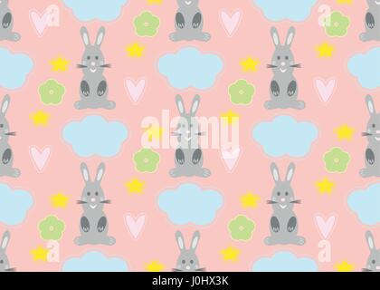 Vector pattern with hares. Simple Funny bunnies in different costumes on a gray background Stock Vector