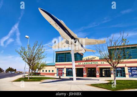 JetHawks, Lancaster, California, USA - April 5, 2017 :JetHawks, Lancaster, California, USA. The NASA F18 aircraft on the pedestal near the Lancaster JetHawks California Stock Photo