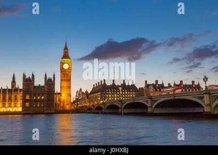 Big Ben, Palace of Westminster aka Houses of Parliament and Westminster's bridge at dusk, London, United Kingdom. Stock Photo