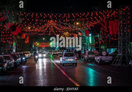 Light decorations during Muharram month over one of main street on the Old Town of Kashan city, capital of Kashan County of Iran Stock Photo