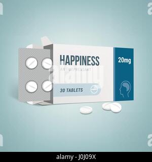 Antidepressants open drug box with pills, depression and anxiety concept Stock Vector