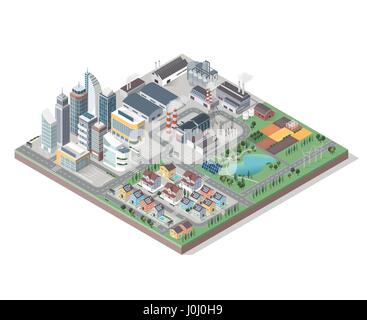 Vector isometric contemporary green city with buildings, streets and plants: commercial area, residential district, industrial park, farm and natural  Stock Vector