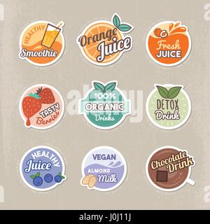 Healthy drinks, juice and smoothies vintage badges stickers collection Stock Vector