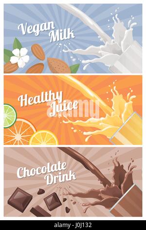 Healthy natural vegetarian drinks banners set with glass: almond milk, orange juice and dark chocolate Stock Vector