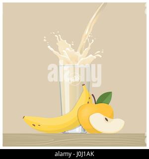 Banana and apple juice pouring into a glass, healthy smoothie and drinks concept Stock Vector