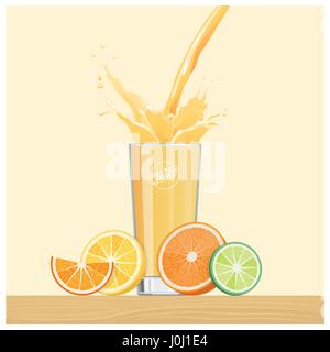 Orange juice pouring into a glass with slices of orange, lemon and lime, healthy drinks concept Stock Vector