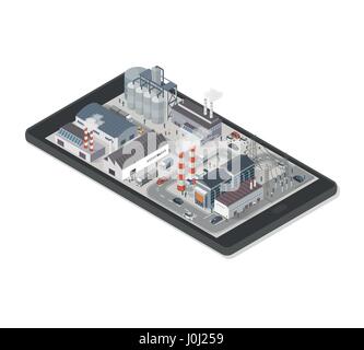 Isometric industrial park area with factories, power plant and people on a smartphone, industry and augmented reality concept Stock Vector