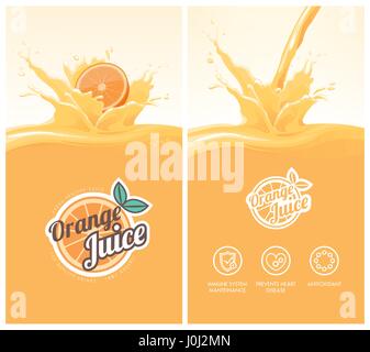Drink menu with healthy orange juice splash, fruit, icons and citrus badge Stock Vector
