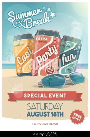 Vacations and summer party poster with fresh drinks, sunglasses and tropical beach on the background, entertainment and advertisement concept Stock Vector