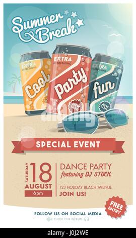 Vacations and summer party poster with fresh drinks, sunglasses and tropical beach on the background, entertainment and advertisement concept Stock Vector