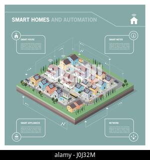 Vector isometric residential area with houses, people, streets and vehicles: smart homes and connectivity concept infographic Stock Vector