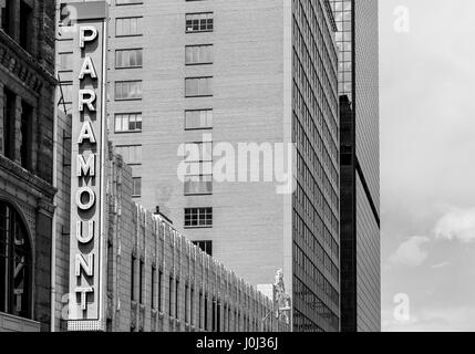 Denver, USA - May 25, 2016: Sign of the Paramount Cafe in the historic Kittredge building in the 16th Street mall. The picture is in monochrome. Stock Photo