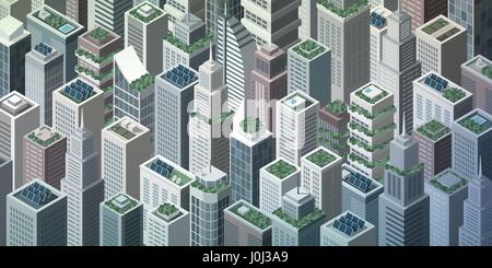 Futuristic isometric green city with rooftop gardens and solar panels on skyscrapers, sustainability and innovation concept Stock Vector