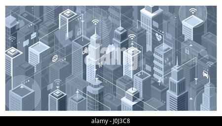 Smart city with modern skyscrapers: they are connecting to the internet network, sharing data and services online Stock Vector