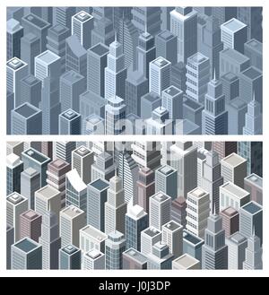 Contemporary city banners with modern isometric buildings, aerial view Stock Vector