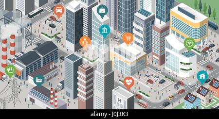 Isometric smart city with skyscrapers, industrial area, residential area, people and vehicles; location pins on the top of the buildings Stock Vector