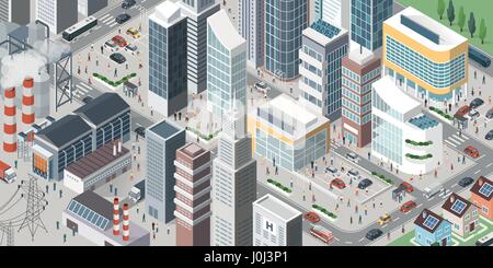 Isometric contemporary city with skyscrapers, stores, factories, homes, vehicles and people in the streets Stock Vector