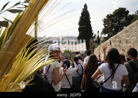 Christian people from around the world walk down from Mount Olives in a Palm Sunday Procession carrying Palm Tree branches, one woman turns around. Stock Photo