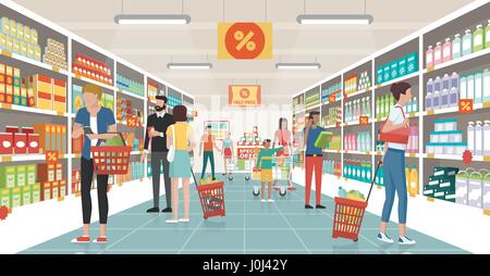 People shopping at the supermarket, they are choosing products on the shelves and pushing carts or shopping baskets Stock Vector