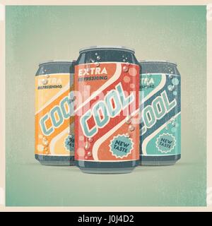 Vintage colorful soda drink cans with water droplets Stock Vector