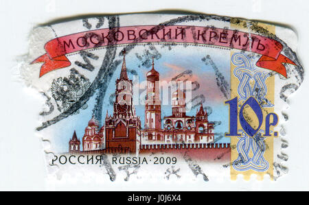 GOMEL, BELARUS, APRIL 11, 2017. Stamp printed in Russia shows image of  The Moscow Kremlin, is a fortified complex at the heart of Moscow, circa 2009. Stock Photo