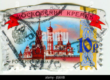 GOMEL, BELARUS, APRIL 11, 2017. Stamp printed in Russia shows image of  The Moscow Kremlin, is a fortified complex at the heart of Moscow, circa 2009. Stock Photo