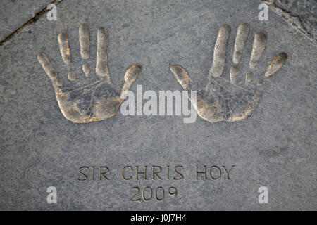 2009 Edinburgh Award winner Olympic cyclist Sir Chris Hoy handprints in City Chambers quadrangle Stock Photo