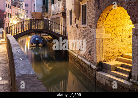 Dawn on a canal in sestiere of Dorsoduro, Venice, Italy. Stock Photo