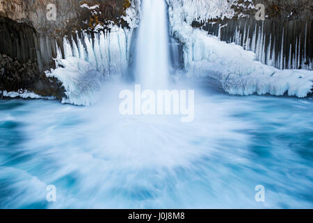 Aldeyjarfoss waterfall on the river Skjálfandafljót in winter in the Northeastern Region / Norðurland eystra / Nordurland eystra, Iceland Stock Photo