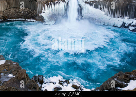 Aldeyjarfoss waterfall on the river Skjálfandafljót in winter in the Northeastern Region / Norðurland eystra / Nordurland eystra, Iceland Stock Photo