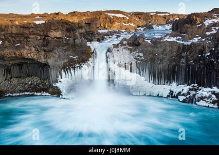 Aldeyjarfoss waterfall on the river Skjálfandafljót in winter in the Northeastern Region / Norðurland eystra / Nordurland eystra, Iceland Stock Photo