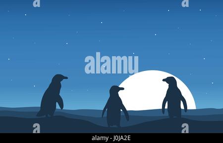 At night scenery with penguin silhouette Stock Vector