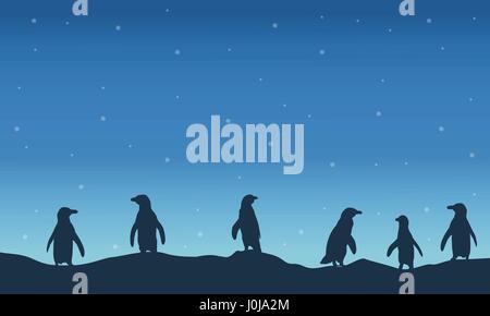 Penguin silhouette at night scenery Stock Vector