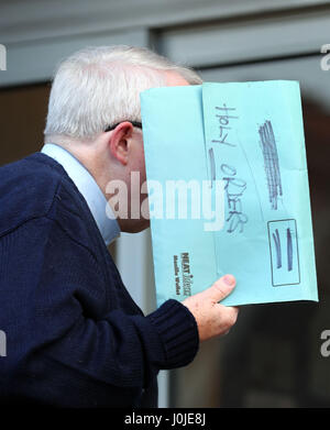 Priest William Haymaker arrives at Hove Trial Centre in East Sussex, for sentencing after he was caught using a blue badge belonging to a woman who had died months earlier. Stock Photo