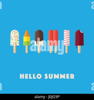 Hello Summer vector illustration wit a variety of ice cream lollies and popsicles Stock Vector