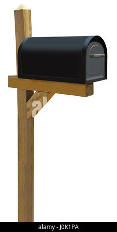 A black mail box on a wood post. With white background and clipping path. Stock Photo