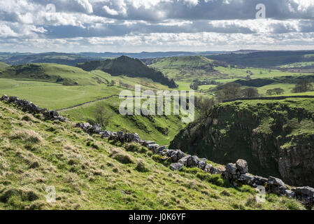 View of Dowel Dale and Parkhouse hill near Buxton in the Peak District, Derbyshire. A sunny spring day in the English countryside. Stock Photo