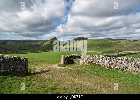 A beautiful view of Parkhouse and Chrome hills near Earl Sterndale, Buxton, Derbyshire. A sunny spring day in the Peak District. Stock Photo
