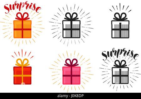 Gift box, surprise set of icons. Lettering vector illustration Stock Vector