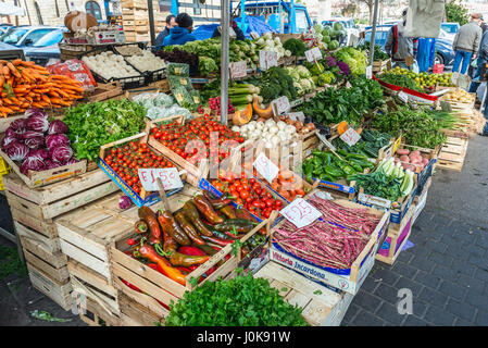 Vegetable stand on a daily outdoor market in Syracuse city, southeast corner of the island of Sicily, Italy Stock Photo