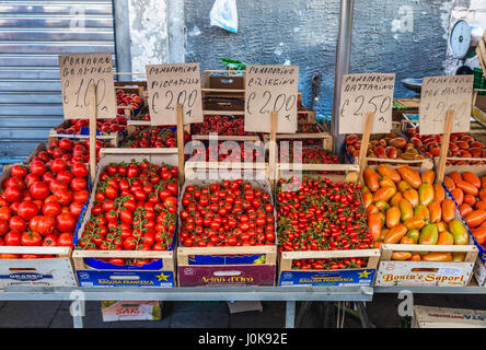 Variety of tomatoes for sale on daily outdoor market in Syracuse city, southeast corner of the island of Sicily, Italy Stock Photo