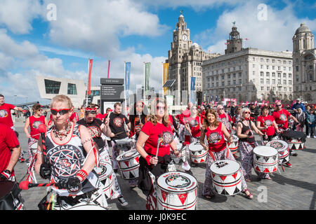 Liverpool Half Marathon,finish line,Pier Head,samba,music,Liverpool,Merseyside,England,World Heritage City,City,Northern,North,England,English,UK. Stock Photo